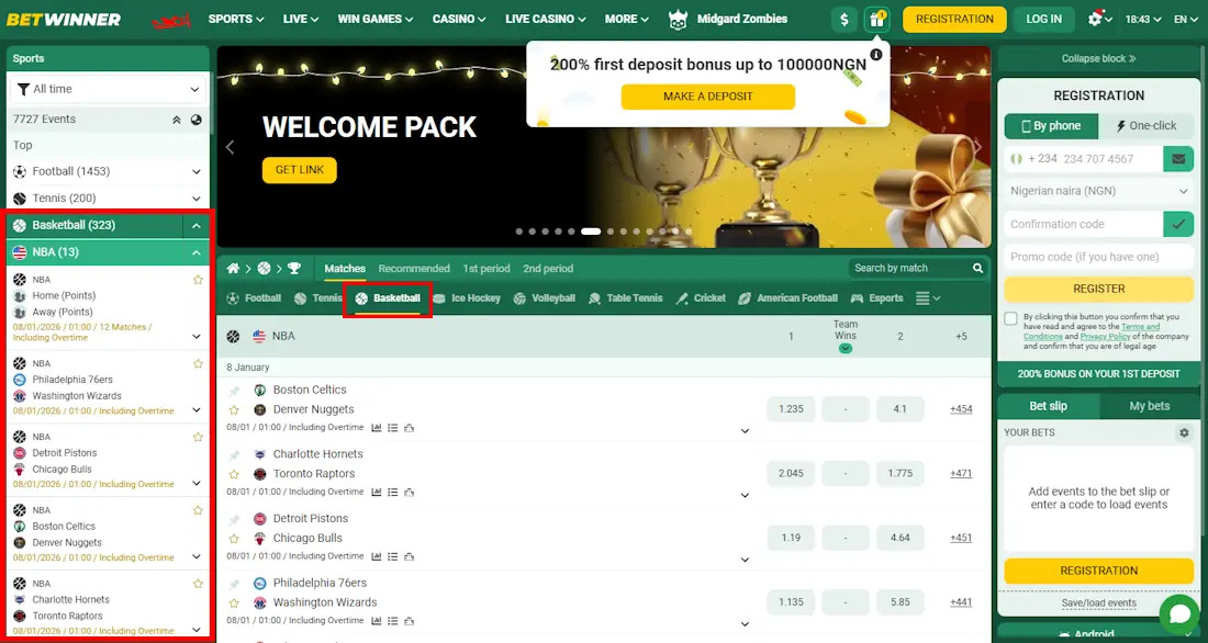 Betwinner Basketball NBA Betting Screenshot